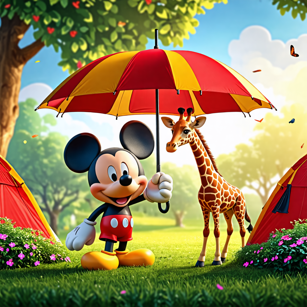 camera, mickey mouse, giraffe, umbrella, tent